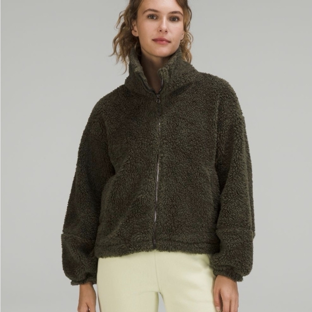 Lululemon Cinchable Fleece Zip-Up Jacket 12 Olive Green Athleisure Minimalist